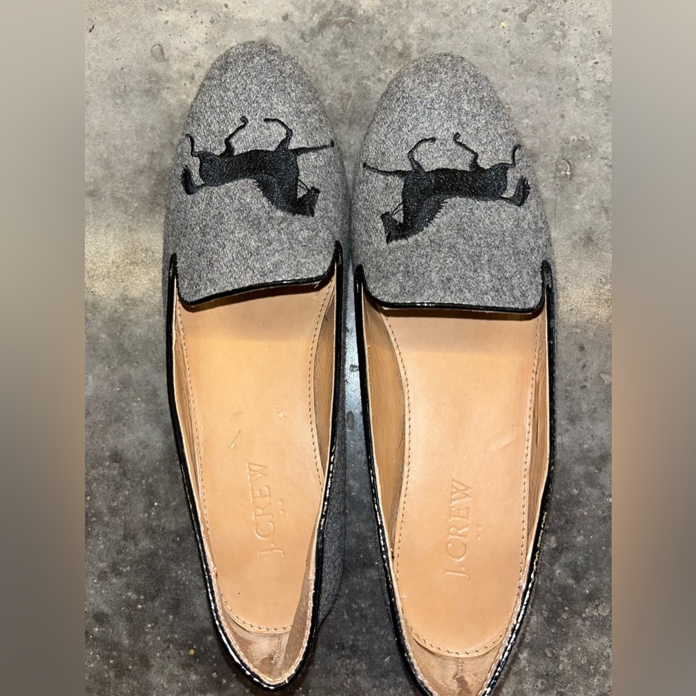 J. Crew Gray and Black Flats with Playful Embroidery